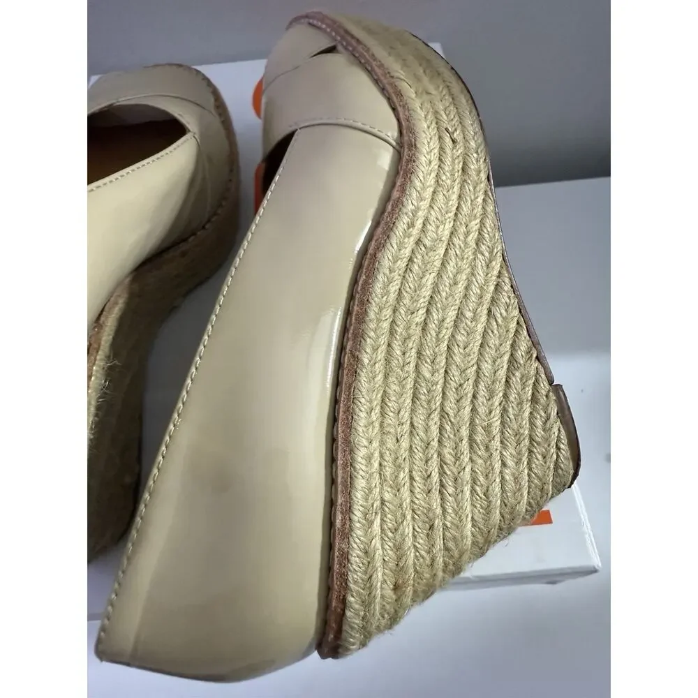 MICHAEL MICHAEL KORS $185 NUDE PATENT LEATHER WEDGE PEEPTOE HEELS SZ 7M